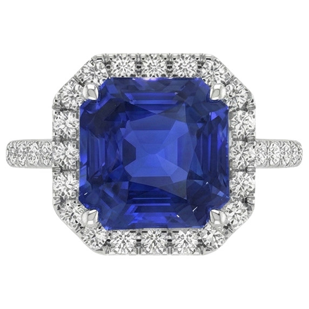 Halo Round Natural Earth Mined Diamond & Asscher Cut Blue Sapphire Ring 5.75 Carats New