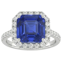 Halo Round Natural Earth Mined Diamond & Asscher Cut Blue Sapphire Ring 5.75 Carats New