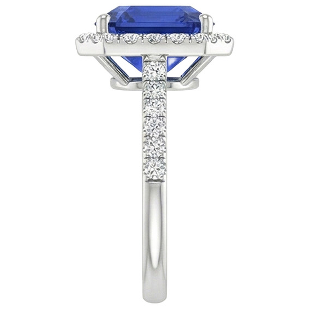 Halo Round Natural Earth Mined Diamond & Asscher Cut Blue Sapphire Ring 5.75 Carats New