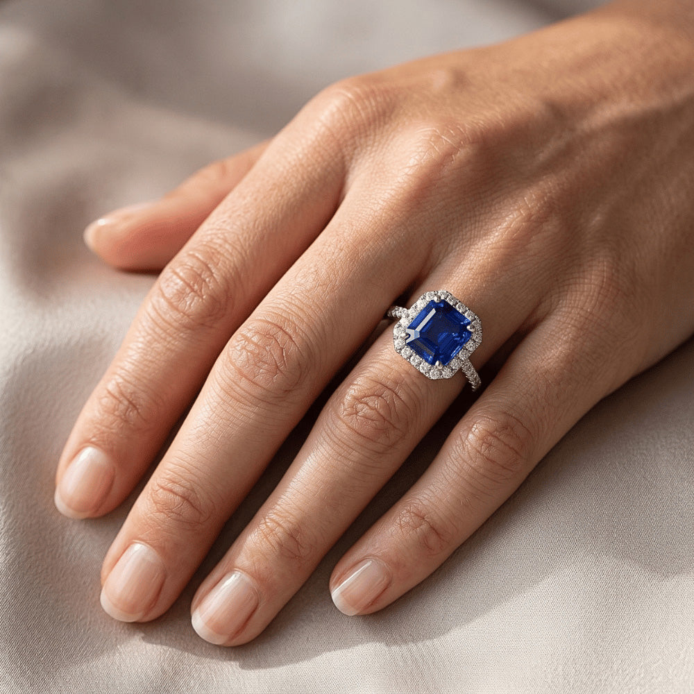 Halo Round Natural Earth Mined Diamond & Asscher Cut Blue Sapphire Ring 5.75 Carats New