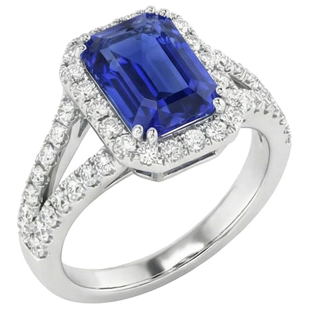 Halo Round Natural Earth Mined Diamond & Ceylon Sapphire Engagement Ring 11.75 Carats