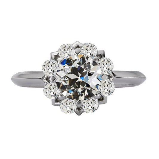 Halo Round Natural Old Mine Cut Diamond Ring Flower Style 14K Gold 6 Carats