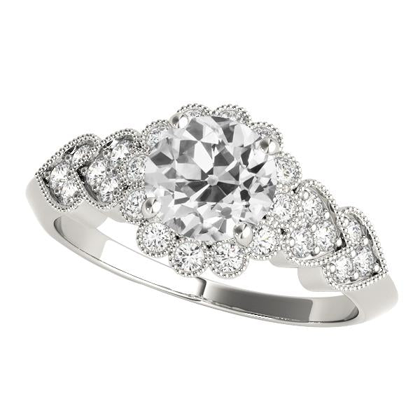 Halo Round Old Cut Genuine Diamond Ring Flower Heart Style 4.50 Carats Milgrain