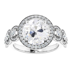 Halo Round Old Cut Genuine Diamond Ring With Accents Prong Set 10 Carats