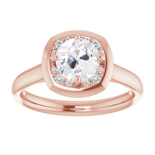 Halo Round Old Cut Natural Diamond Ring Prong Set 3.25 Carats Rose Gold