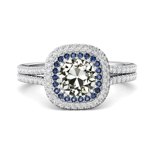 Halo Round Old Cut Real Diamond & Ceylon Sapphire Wedding Ring 6 Carats