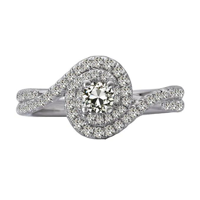 Halo Round Old Cut Real Diamond Ring Twisted Shank 14K Gold 4 Carats
