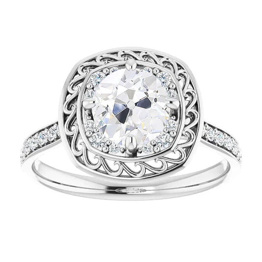 Halo Round Old Cut Real Diamond Ring With Accents White Gold 4.50 Carats