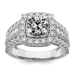 Halo Round Old Cut Real Diamond Ring With Triple Row Accents 3 Carats