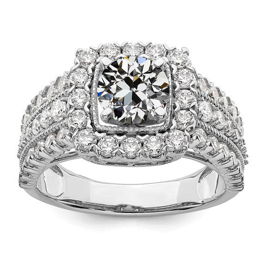 Halo Round Old Cut Real Diamond Ring With Triple Row Accents 3 Carats