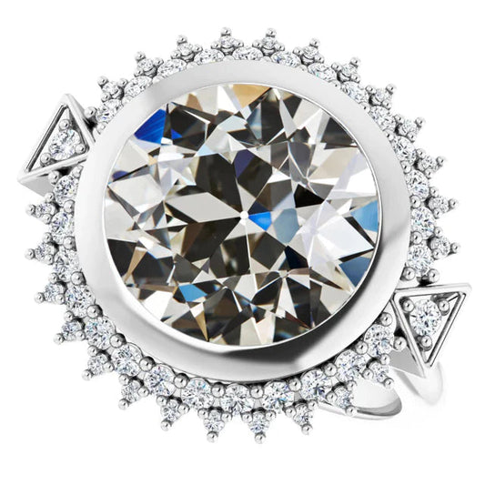 Halo Round Old Mine Cut Natural Diamond Ring Bezel Set Star Style 8 Carats