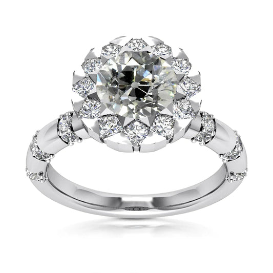 Halo Round Old Mine Cut Real Diamond Ring 5.25 Carats Flower Style