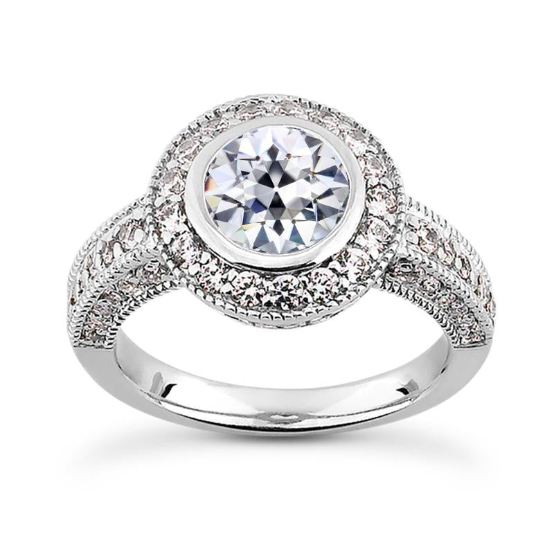 Halo Round Old Mine Cut Real Natural Earth Mined Diamond Ring Bezel Vintage Style 5 Carats