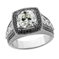 Halo Round Old Miner & Black Natural Earth Mined Diamond Ring Milgrain Shank 4 Carats