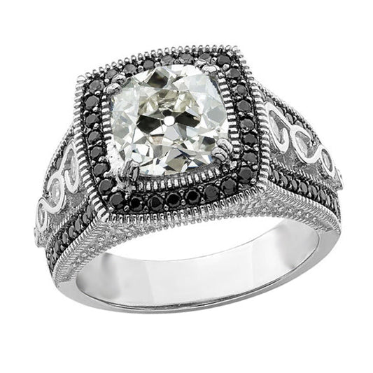 Halo Round Old Miner & Black Real Diamond Ring Milgrain Shank 4 Carats