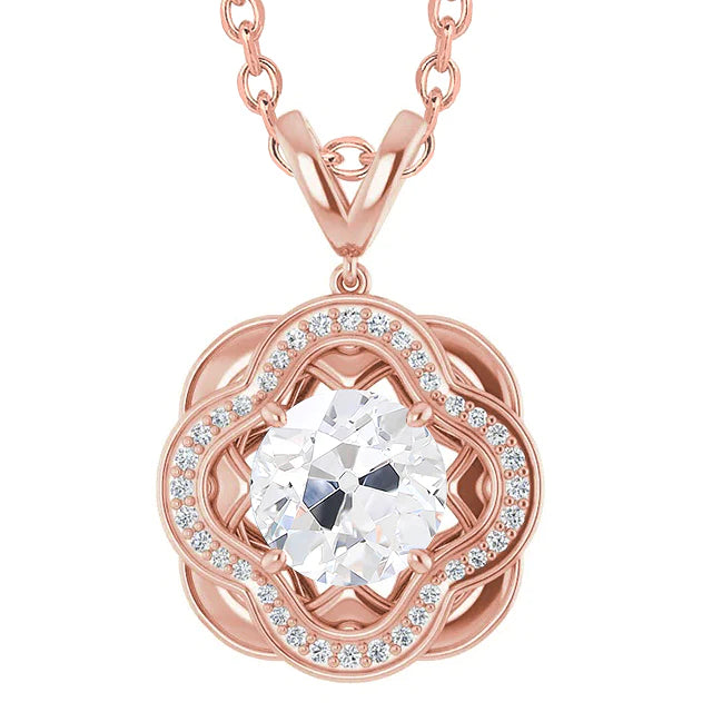 Halo Round Old Miner Genuine Diamond Pendant 3 Carats With Chain Rose Gold 14K