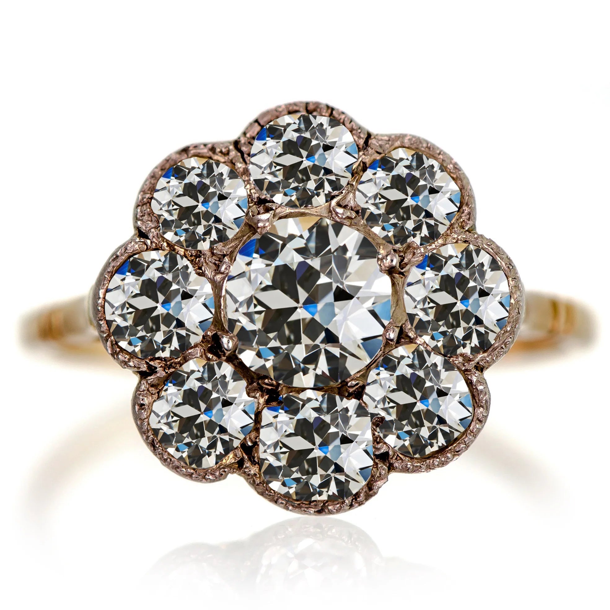 Halo Round Old Miner Real Diamond Ring Flower Style 10 Carats Yellow Gold