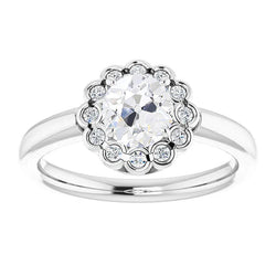 Halo Round Old Miner Real Diamond Ring Half Bezel Set 4 Carats Flower Style