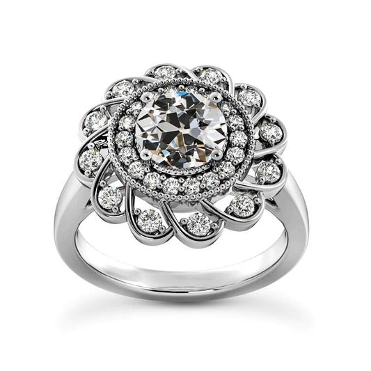 Halo Round Old Miner Real Diamond Wedding Ring Flower Style 4.75 Carats