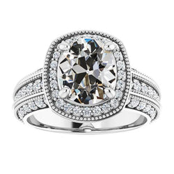 Halo Round & Oval Old Cut Natural Diamond Ring Gold Milgrain 7.25 Carats