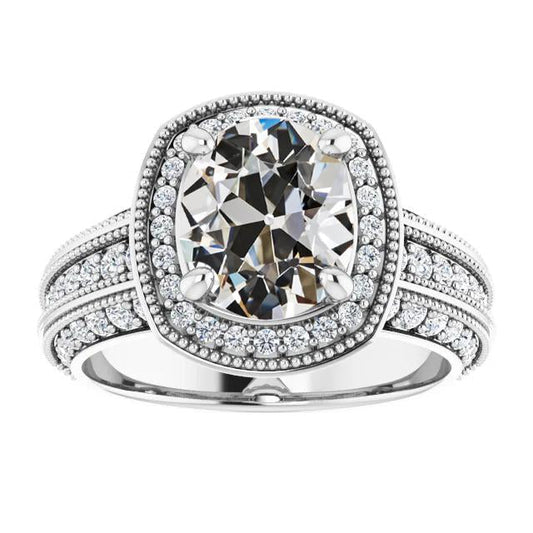 Halo Round & Oval Old Cut Natural Diamond Ring Gold Milgrain 7.25 Carats