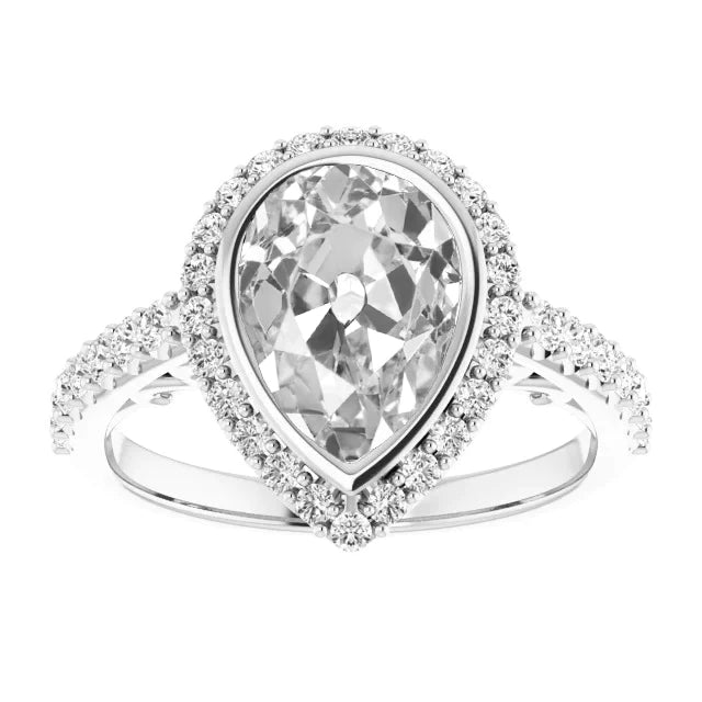 Halo Round & Pear Old Mine Cut Natural Diamond Ring Bezel Set 6.75 Carats