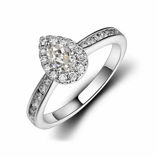 Halo Round & Pear Old Mine Cut Natural Diamond Ring Tapered Shank 2.50 Carats