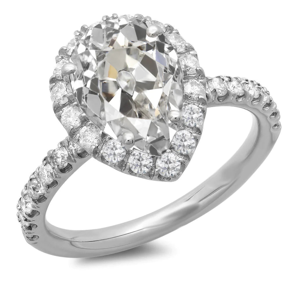 Halo Round & Pear Old Mine Cut Real Diamond Ring 14K Gold 9.50 Carats
