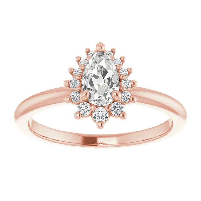 Halo Round & Pear Real Old Mine Cut Diamond Ring 3.25 Carats Rose Gold