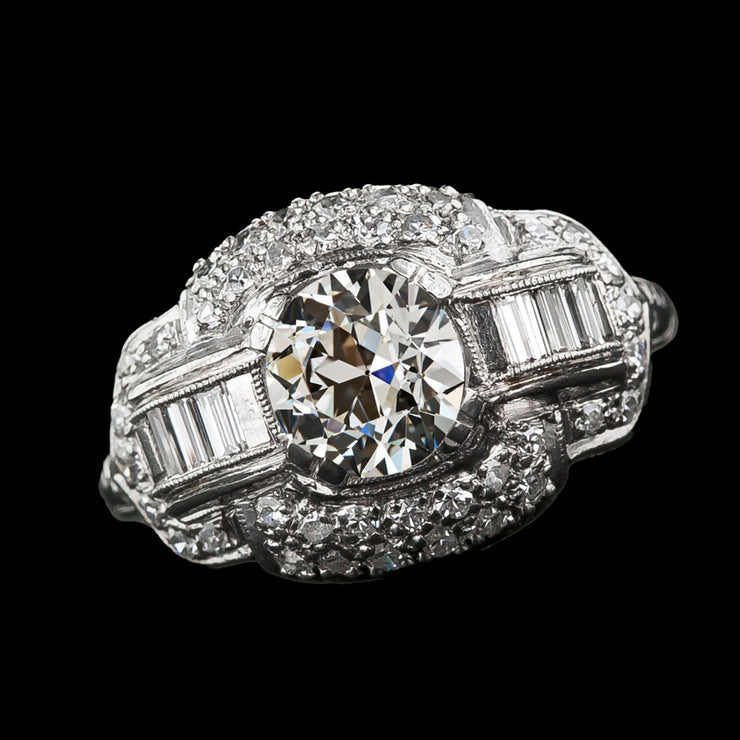 Halo Round Real Diamond Baguette Ring Old European Antique 4.50 Carats