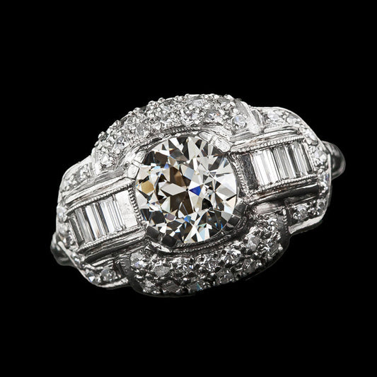 Halo Round Real Diamond Baguette Ring Old European Antique 4.50 Carats