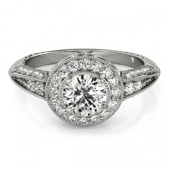 Halo Round Real Diamond Engagement Ring Vintage Style WG 14K