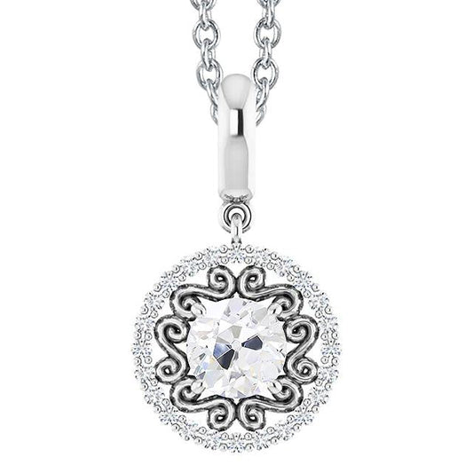 Halo Round  Real Diamond Pendant Old Mine Cut 2.50 Carats With Gold Chain