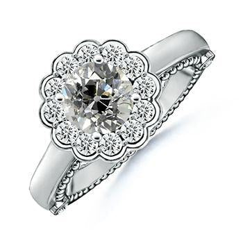 Halo Round Real Diamond Ring Old Mine Cut 2 Carats Flower Style Milgrain