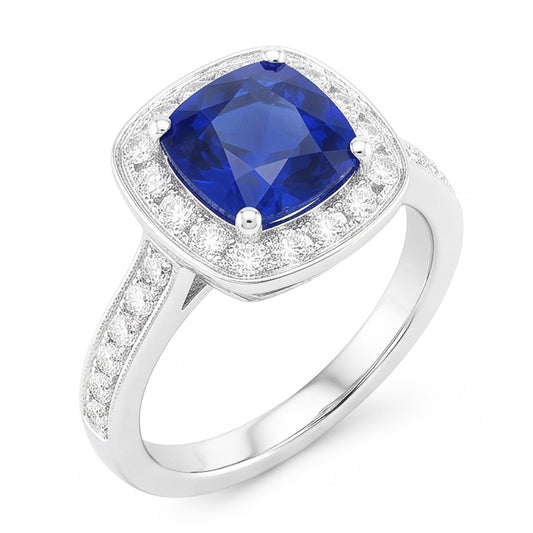 Halo Sapphire Cushion Cut Engagement Ring