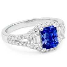 Halo Sapphire Engagement Ring 4 Carats Trapezoids & Pave Set Natural Earth Mined Diamonds