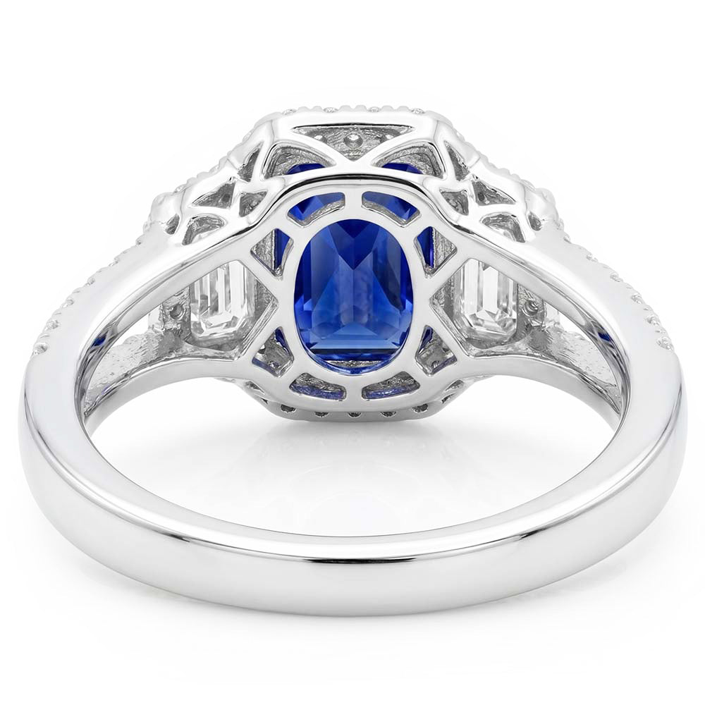 Halo Sapphire Engagement Ring 4 Carats Trapezoids & Pave Set Natural Earth Mined Diamonds