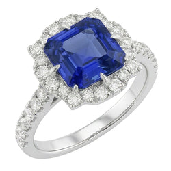 Halo Sapphire Engagement Ring Flower Style Asscher Cut 3.50 Carats