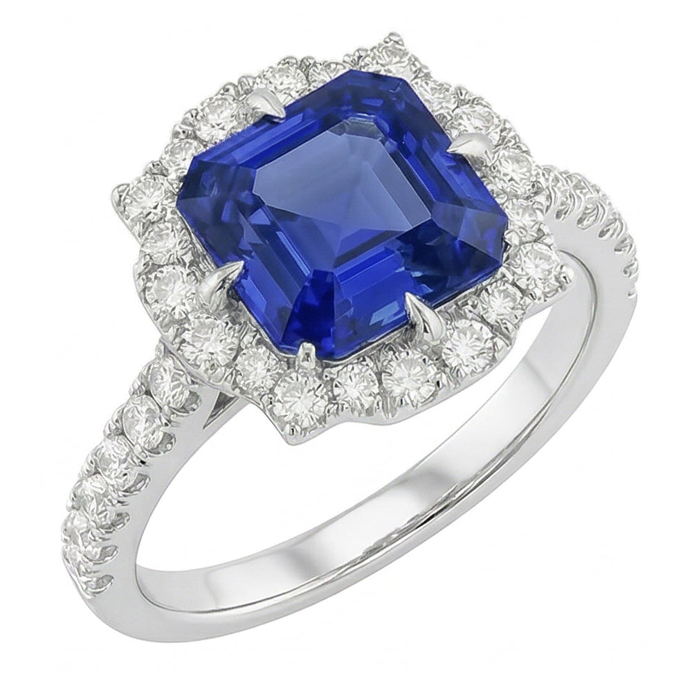 Halo Sapphire Engagement Ring Flower Style Asscher Cut 3.50 Carats