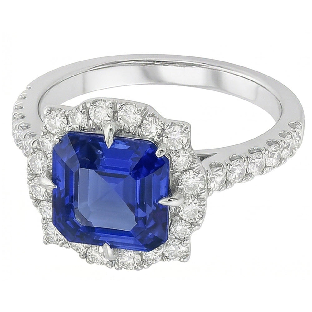 Halo Sapphire Engagement Ring Flower Style Asscher Cut 3.50 Carats