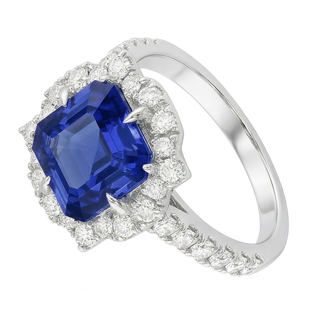 Halo Sapphire Engagement Ring Flower Style Asscher Cut 3.50 Carats