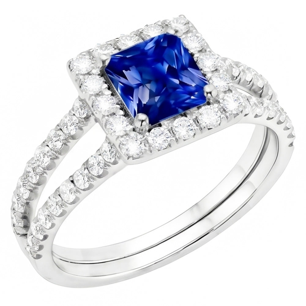 Halo Sapphire Engagement Ring Set Pave Natural Earth Mined Diamond Gold Band 3 Carats