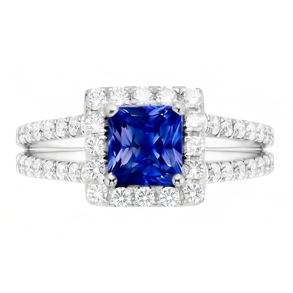 Halo Sapphire Engagement Ring Set Pave Natural Earth Mined Diamond Gold Band 3 Carats