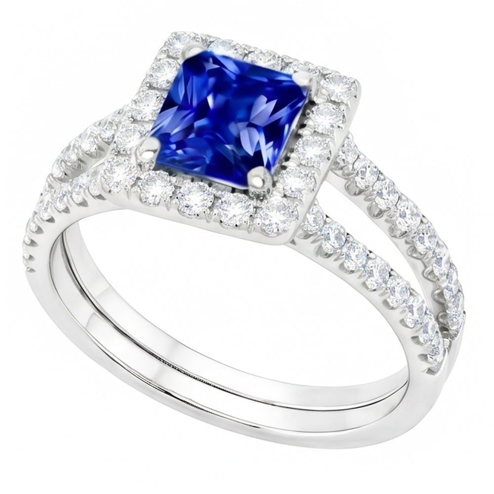 Halo Sapphire Engagement Ring Set Pave Natural Earth Mined Diamond Gold Band 3 Carats