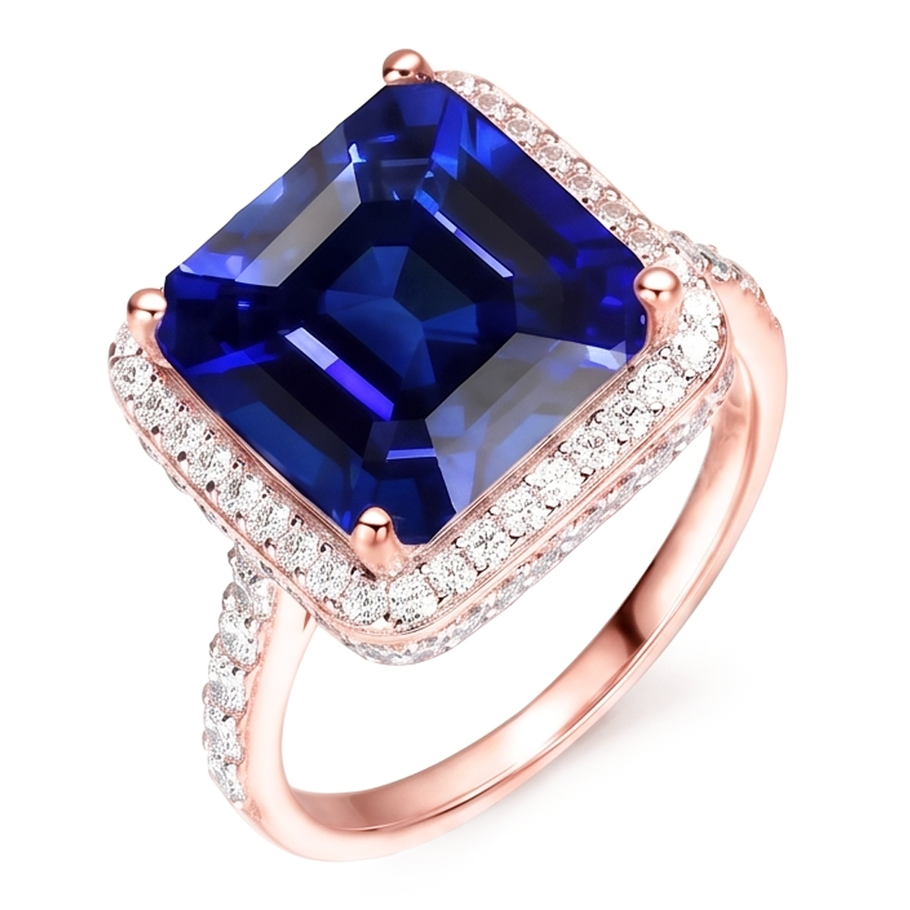Halo Sapphire Engagement Ring Two Tone 14K 6 Carats Pave Set Natural Earth Mined Diamonds