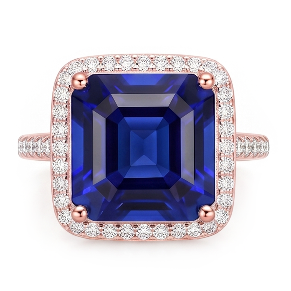 Halo Sapphire Engagement Ring Two Tone 14K 6 Carats Pave Set Natural Earth Mined Diamonds