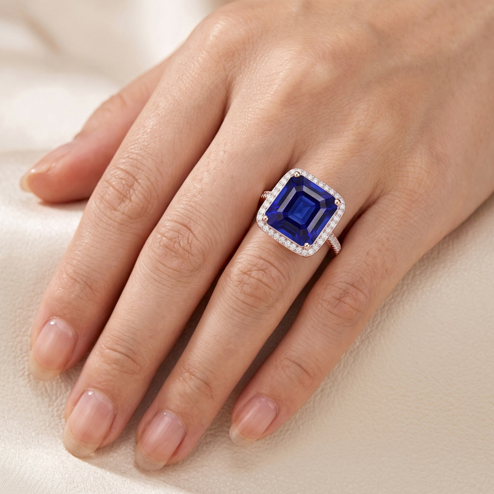 Halo Sapphire Engagement Ring Two Tone 14K 6 Carats Pave Set Natural Earth Mined Diamonds