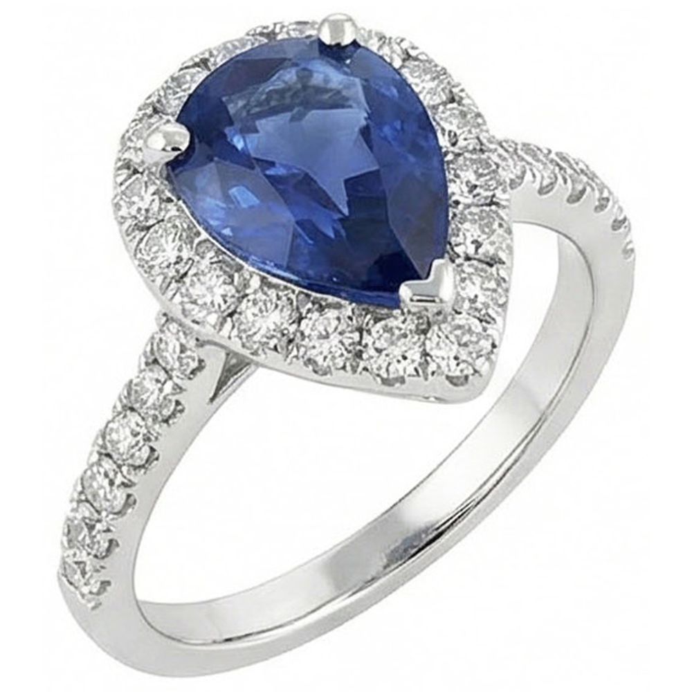 Halo Sapphire Pear Engagement Natural Earth Mined DIAMOND ( NOT LAB GROWN ) Ring