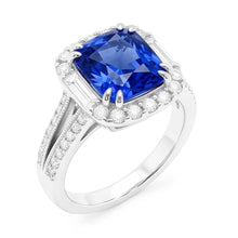 Halo Sapphire Ring Baguette & Round Accents 4.50 Carats Split Shank