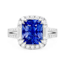 Halo Sapphire Ring Baguette & Round Accents 4.50 Carats Split Shank